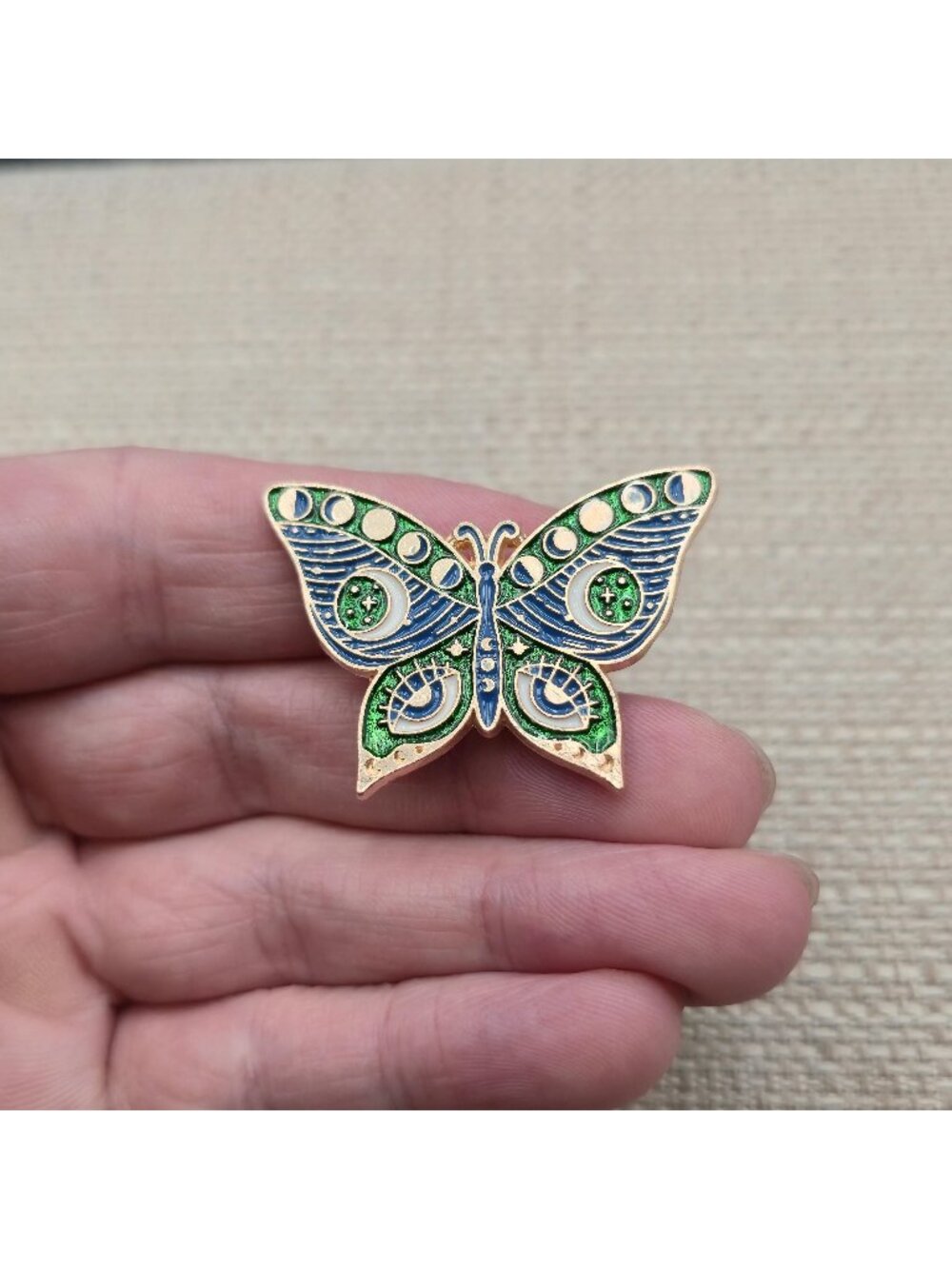 Celestial Evil Eye Butterfly Enamel Pin - Mystical Blue Green Insect Brooch A894